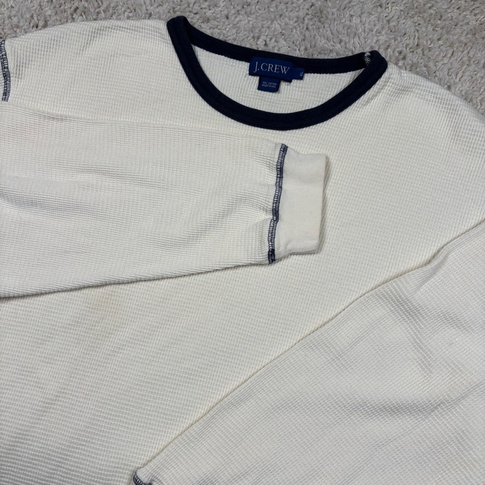 J.Crew Waffle Knit Thermal Mens XL Cream Navy Ringer Crewneck USA Made